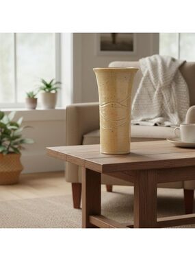 Vintage Mid-Century Modern Signed Artisan Tan Ceramic Pottery Vase